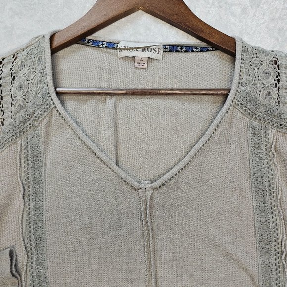 Knox Rose Top Women's Large Gray Long Sleeve Lightweight Knit Front Knot Lace‎ - Picture 3 of 8